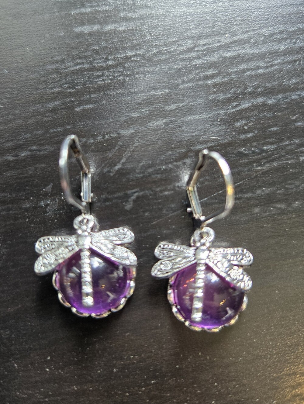 New Vintage Style Dragonfly Earring, Etched Dragonfly Floating Over A Purple Orb